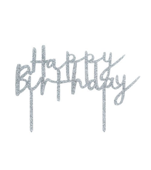 Cake Topper aus Acryl "Happy Birthday" - glitter silber - 20 x 14 cm