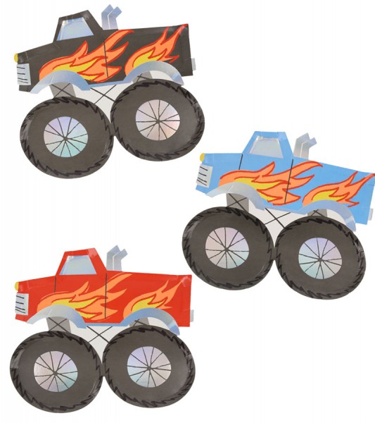 Monster Truck Pappteller in 3 Farben - 8 Stück