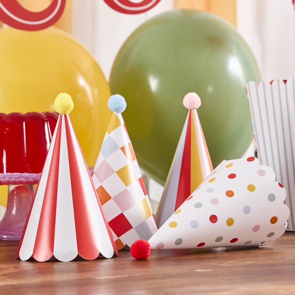 Partyhüte mit Pom Poms "Zirkus" - 8 Stück