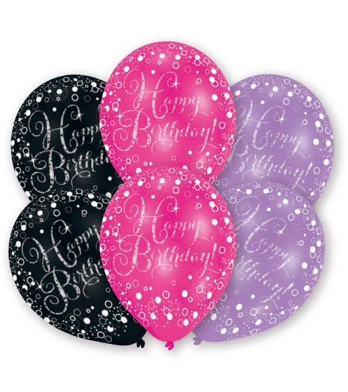 Metallic-Luftballon-Set "Happy Birthday" - schwarz, pink, lila - 6 Stück