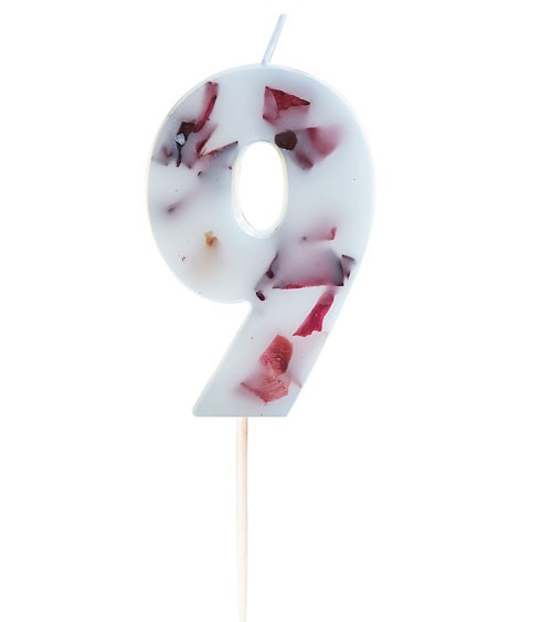 Kuchenkerze "9" mit gepressten Blüten - 9 cm