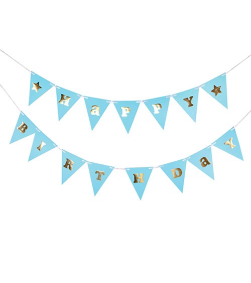 DIY Wimpelgirlande "Happy Birthday" - hellblau, gold - 3 m