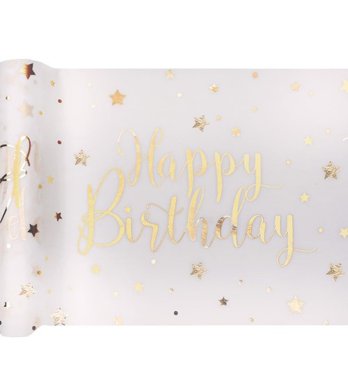 Tischläufer aus Vlies "Happy Birthday" - weiß, gold - 30 cm x 5 m