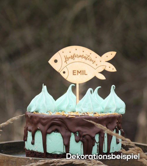 Dein Cake-Topper "Konfirmation - Fische" aus Holz - Wunschtext