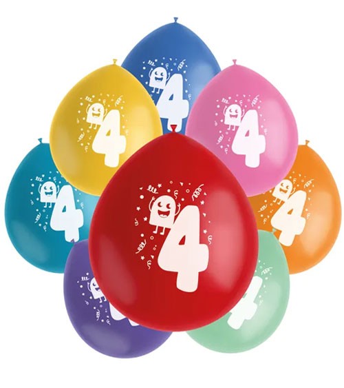 Luftballon-Set "4" mit Monster - Farbmix - 8-teilig