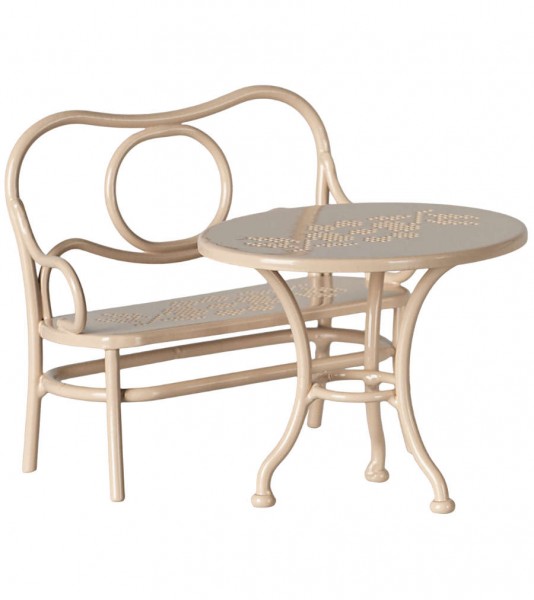 Kleines Café-Set aus Metall - Tisch, Bank - rosa