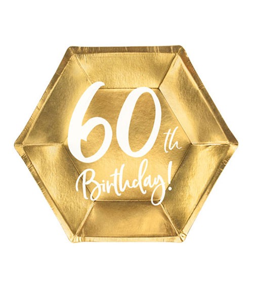Sechseckige Pappteller "60th Birthday" - gold & weiß - 6 Stück
