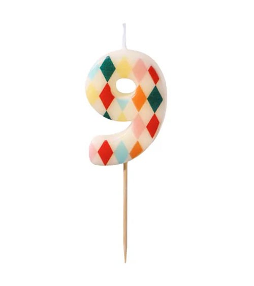 Kuchenkerze Zahl 9 - Bunte Rauten - 5,5 cm