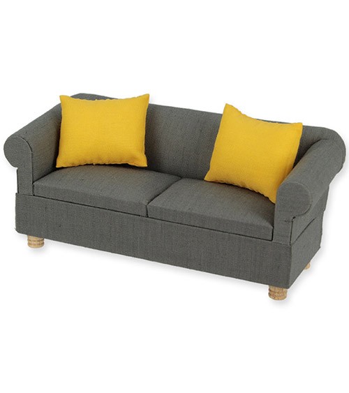 Couch mit Kissen - 1:12 - dunkelgrau, gelb - 14,3 cm