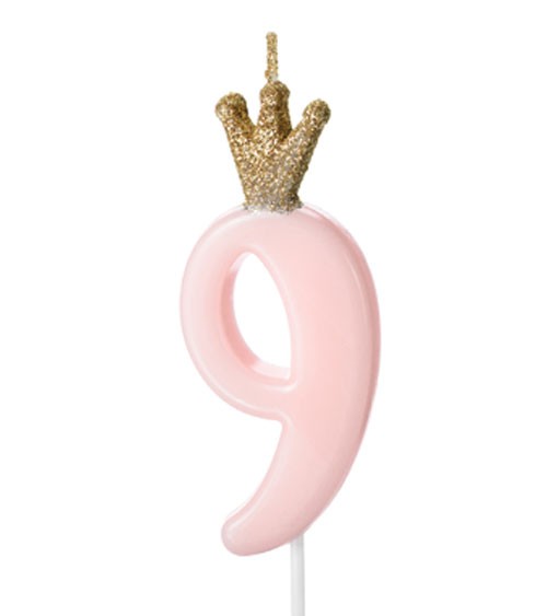 Geburtstagskerze mit Krone "9" - rosa - 9,5 cm