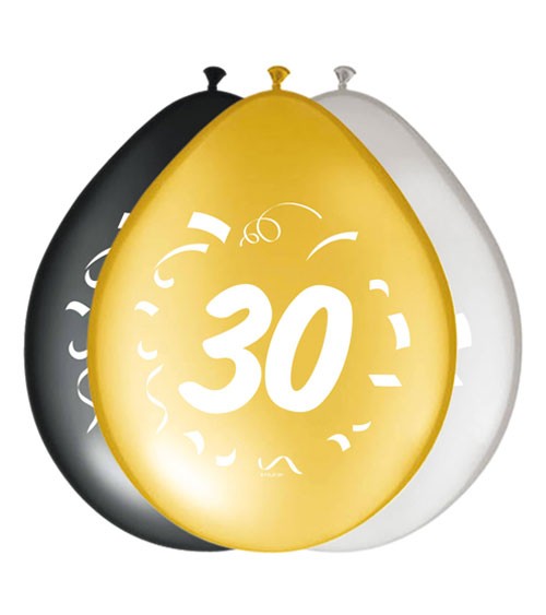 Luftballon-Set "30" - schwarz, gold, silber - 8 Stück