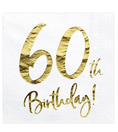 Servietten "60th Birthday!" - weiß/metallic gold - 20 Stück
