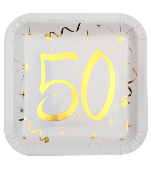 Viereckige Pappteller "50" - weiß, gold - 10 Stück