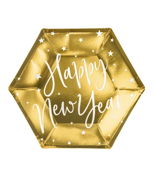 Sechseckige Pappteller "Happy New Year" - metallic gold - 6 Stück