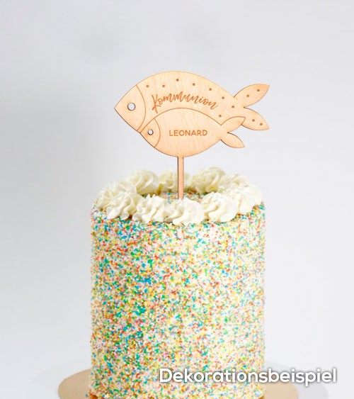 Dein Cake-Topper "Kommunion - Fische" aus Holz - Wunschtext
