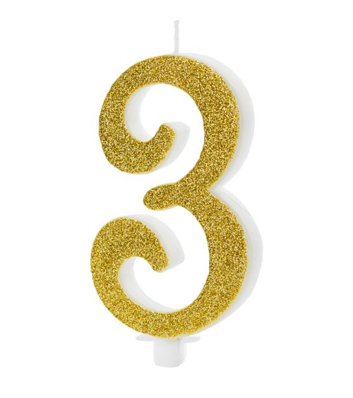 Script-Zahlenkerze "3" - glitter gold - 10 cm