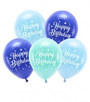 Luftballon-Set "Happy Birthday" - hellblau, mint, blau - 5-teilig