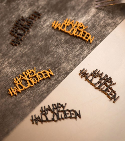 Holzstreuteile "Happy Halloween" - orange & schwarz - 10-teilig