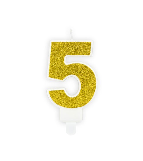 Zahlenkerze mit Glitter "5" - gold - 7 cm