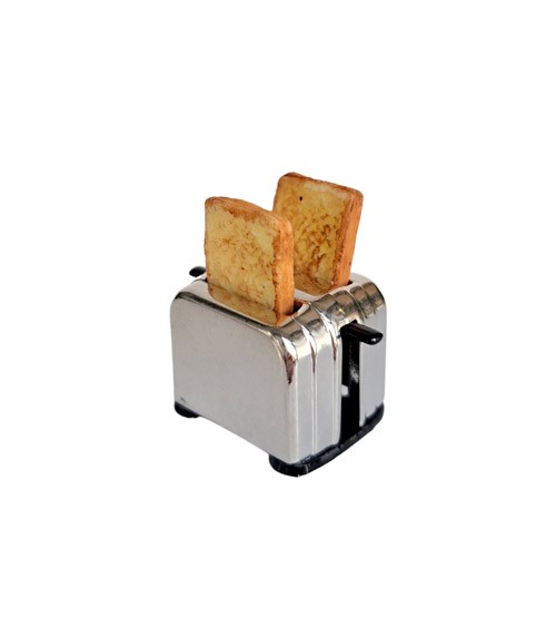 2 mini-toastscheiben in einem silber glänzendem Miniaturtoaster