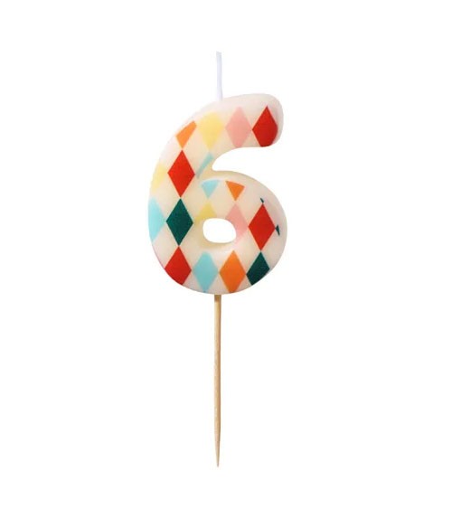 Kuchenkerze Zahl 6 - Bunte Rauten - 5,5 cm