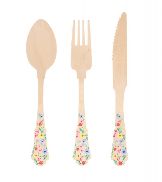 Holzbesteck mit Blütenmuster - 24-teilig