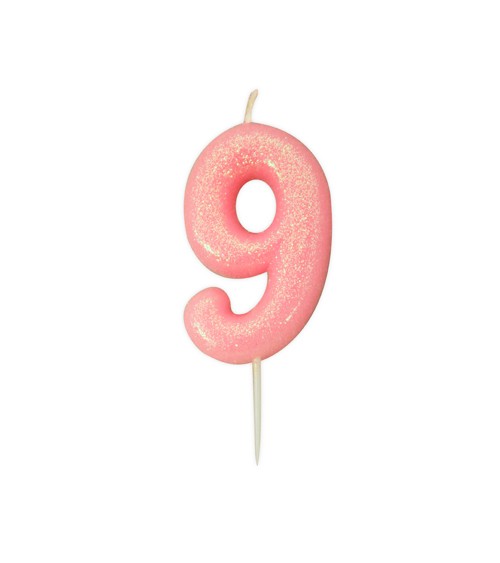 Geburtstagskerze mit Glitter "9" - rosa