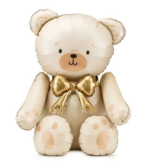 Sitzender Folienballon "Teddy mit goldener Schleife" - 75 x 84 cm