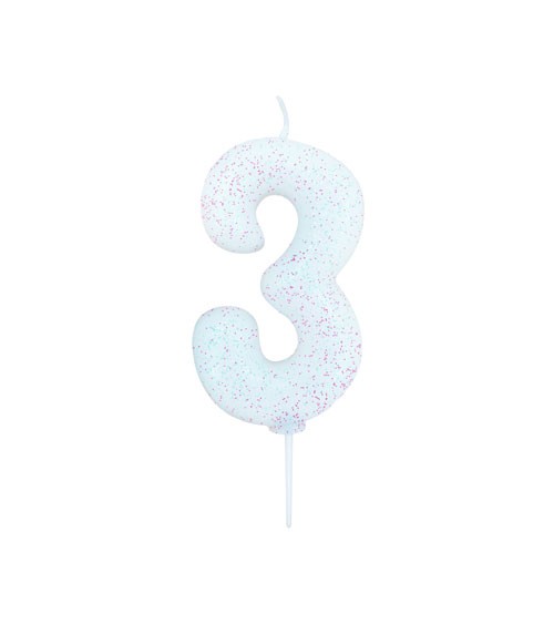 Geburtstagskerze mit Glitter "3" - weiß/irisierend