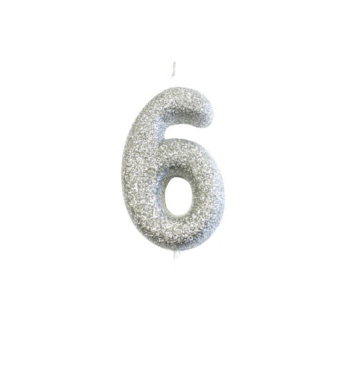 Geburtstagskerze mit Glitter "6" - silber