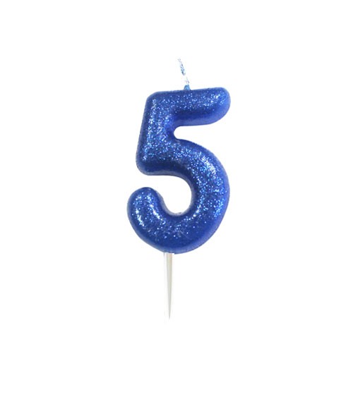 Geburtstagskerze mit Glitter "5" - blau
