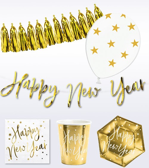 Silvester-Deko-Set "Happy New Year" - weiß & gold - 40-teilig