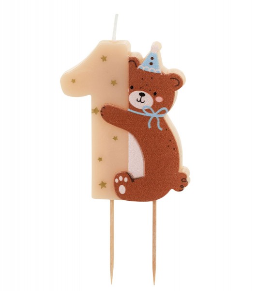 Kuchenkerze mit Teddy "1. Geburtstag" - 7 cm