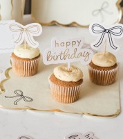 Cake-Picks mit Schleife "Happy Birthday" - gold & schwarz - 12-teilig