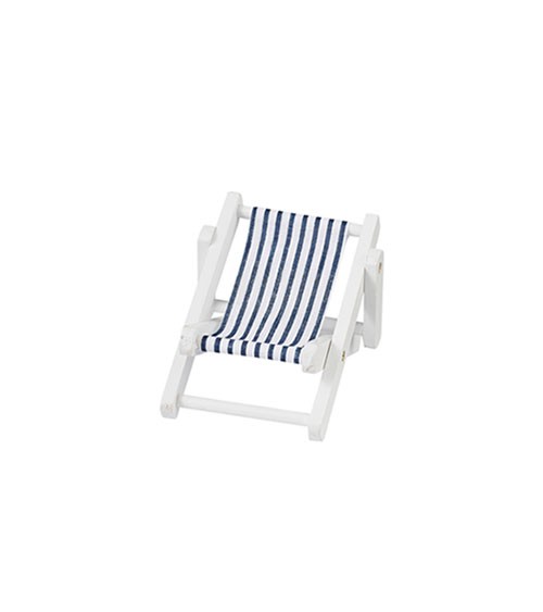 Kleiner weißer Holz-Liegestuhl - blau gestreift - 9 cm