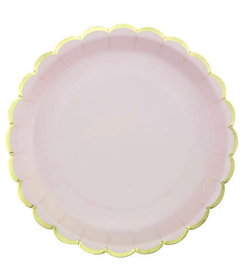 Pappteller mit Wellenrand - pastellrosa, gold - 8 Stück
