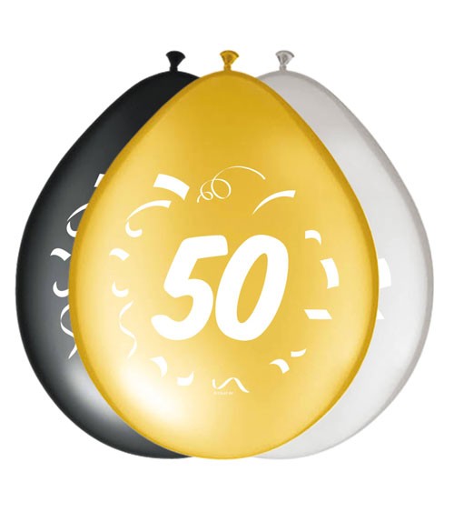 Luftballon-Set "50" - schwarz, gold, silber - 8 Stück