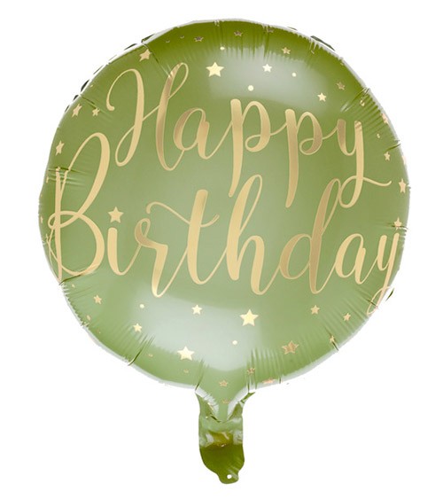 Runder Folienballon "Happy Birthday" - oliv, gold