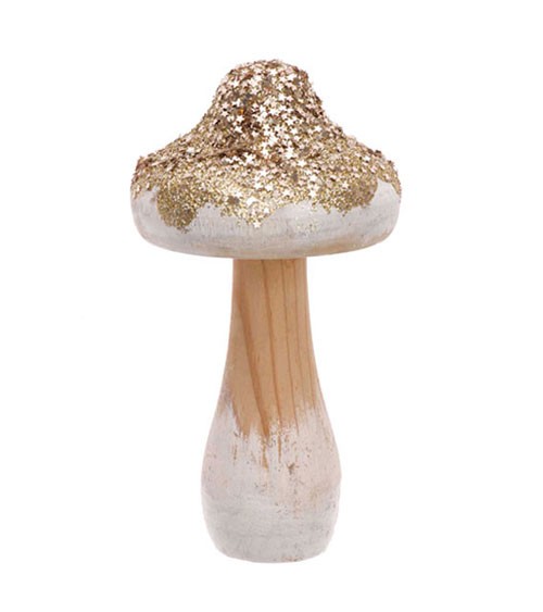 Pilz aus Holz mit Glitzer - gold - 7 x 14 cm