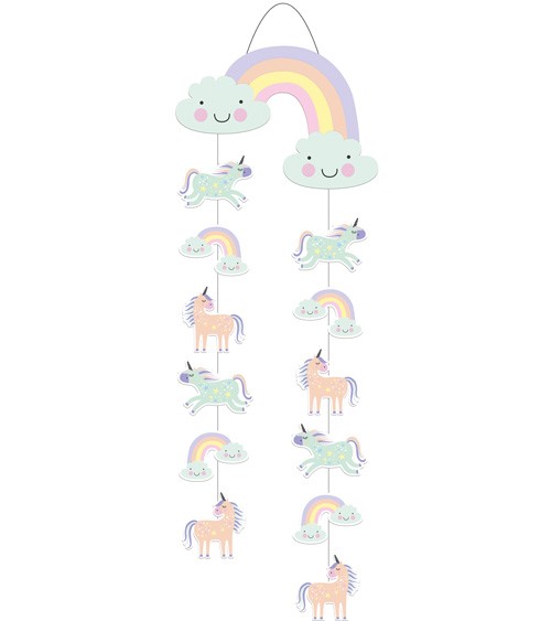 Wunderschöner Deckenhänger mit niedlichen Einhorn-Motiven die an einem großen Regenbogen mit Wolken befestigt sind. Eignet sich ideal als tolle Raumdekoration. 