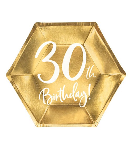 Sechseckige Pappteller "30th Birthday" - gold & weiß - 6 Stück