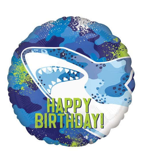 Runder Folienballon "Hai" - Happy Birthday - 43 cm