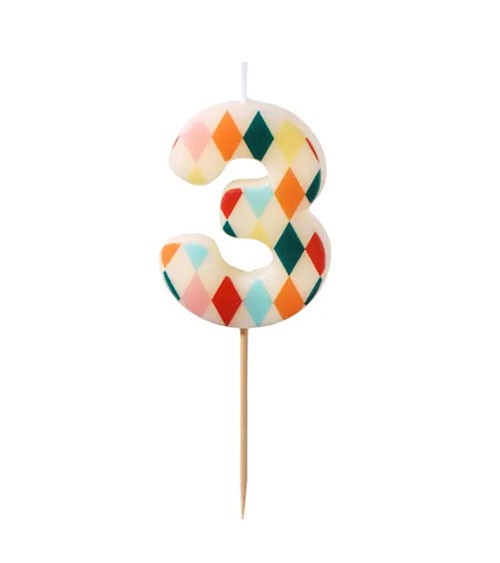 Kuchenkerze Zahl 3 - Bunte Rauten - 5,5 cm