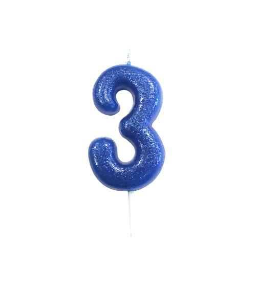 Geburtstagskerze mit Glitter "3" - blau