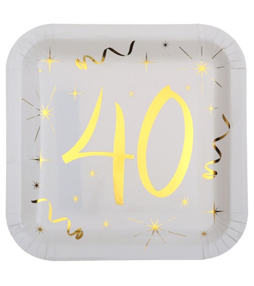 Viereckige Pappteller "40" - weiß, gold - 10 Stück