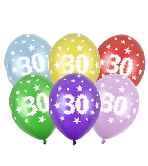 Metallic-Luftballons "30" mit Sternen - 6 Stück