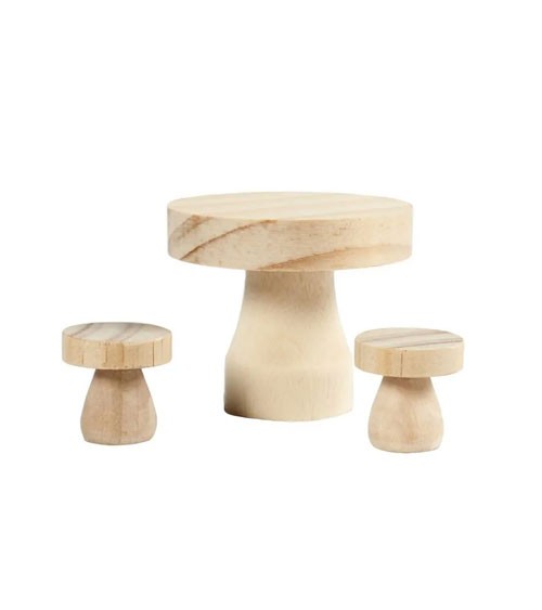 Mini Holz-Tisch mit 2 Hockern - 6 cm & 2,5 cm - 3-teilig