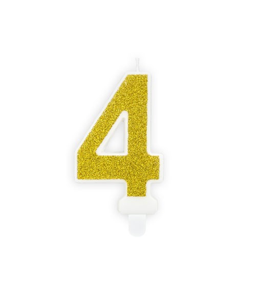 Zahlenkerze mit Glitter "4" - gold - 7 cm