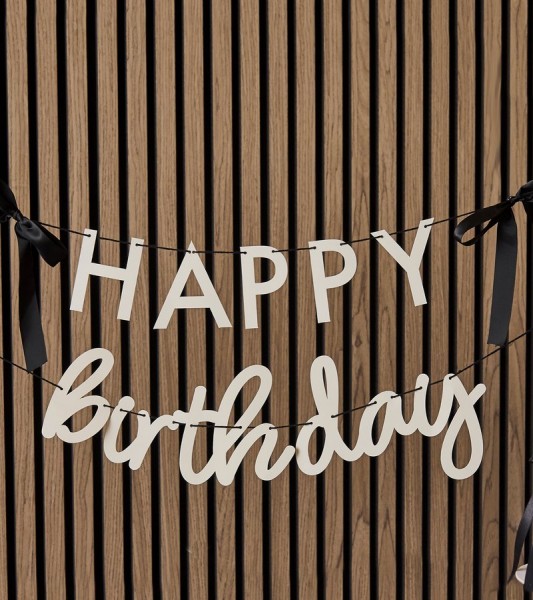 Happy Birthday Girlande mit Satin-Schleifen - creme & schwarz