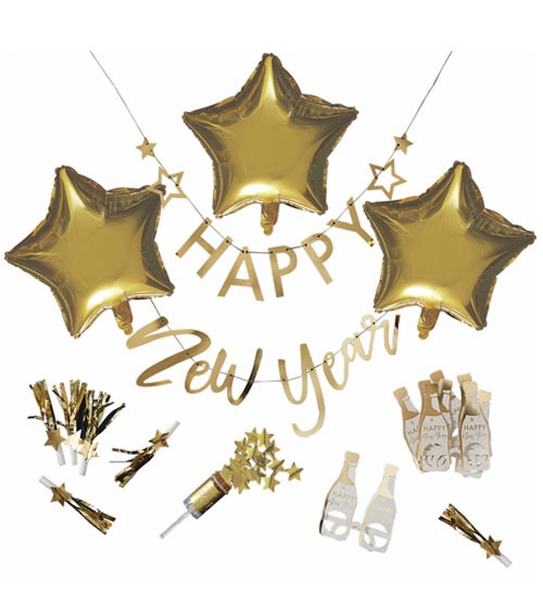 Silvester-Deko-Set "Happy New Year" - metallic gold - 17-teilig